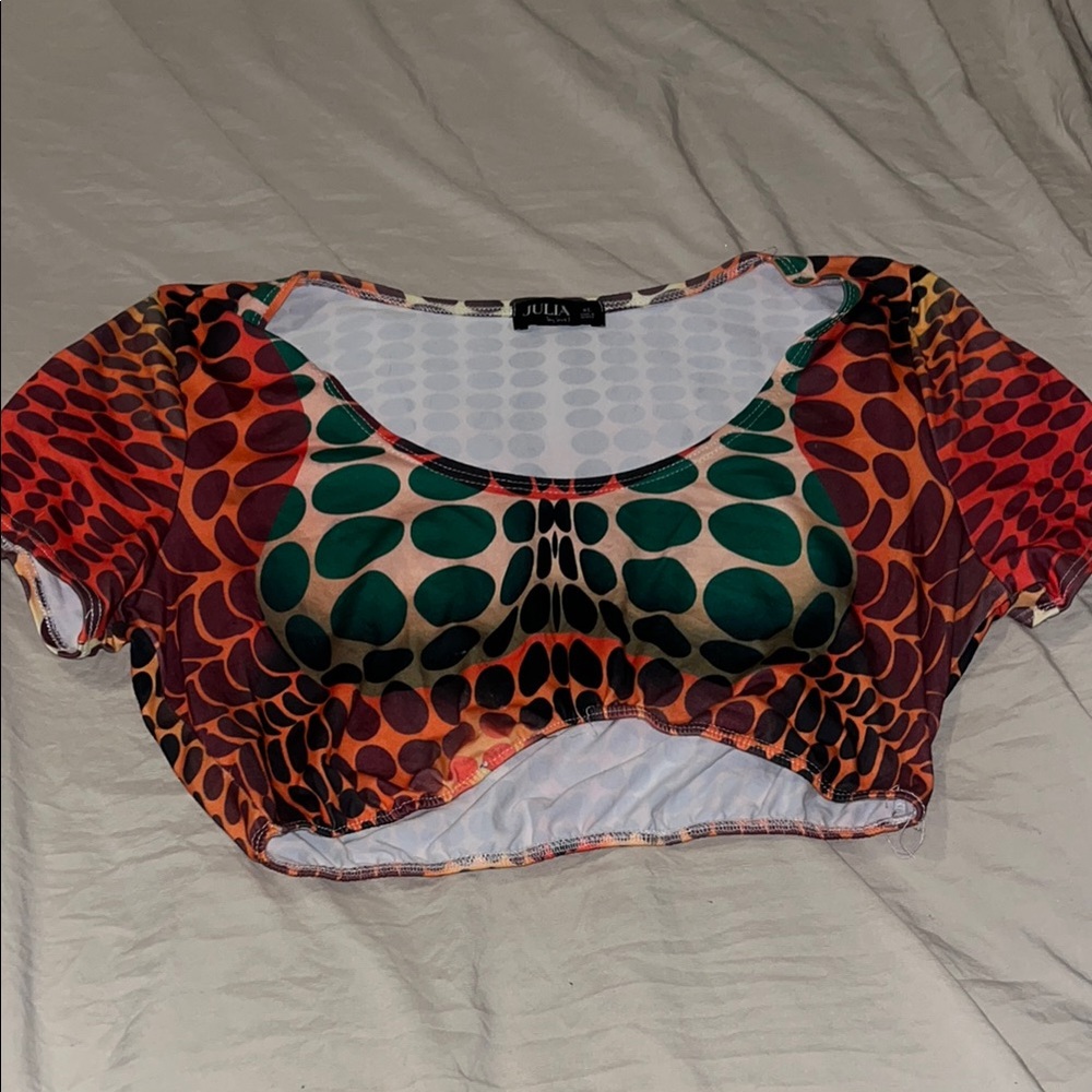 Orange and Green Fitted Crop Top with Short Sleeves